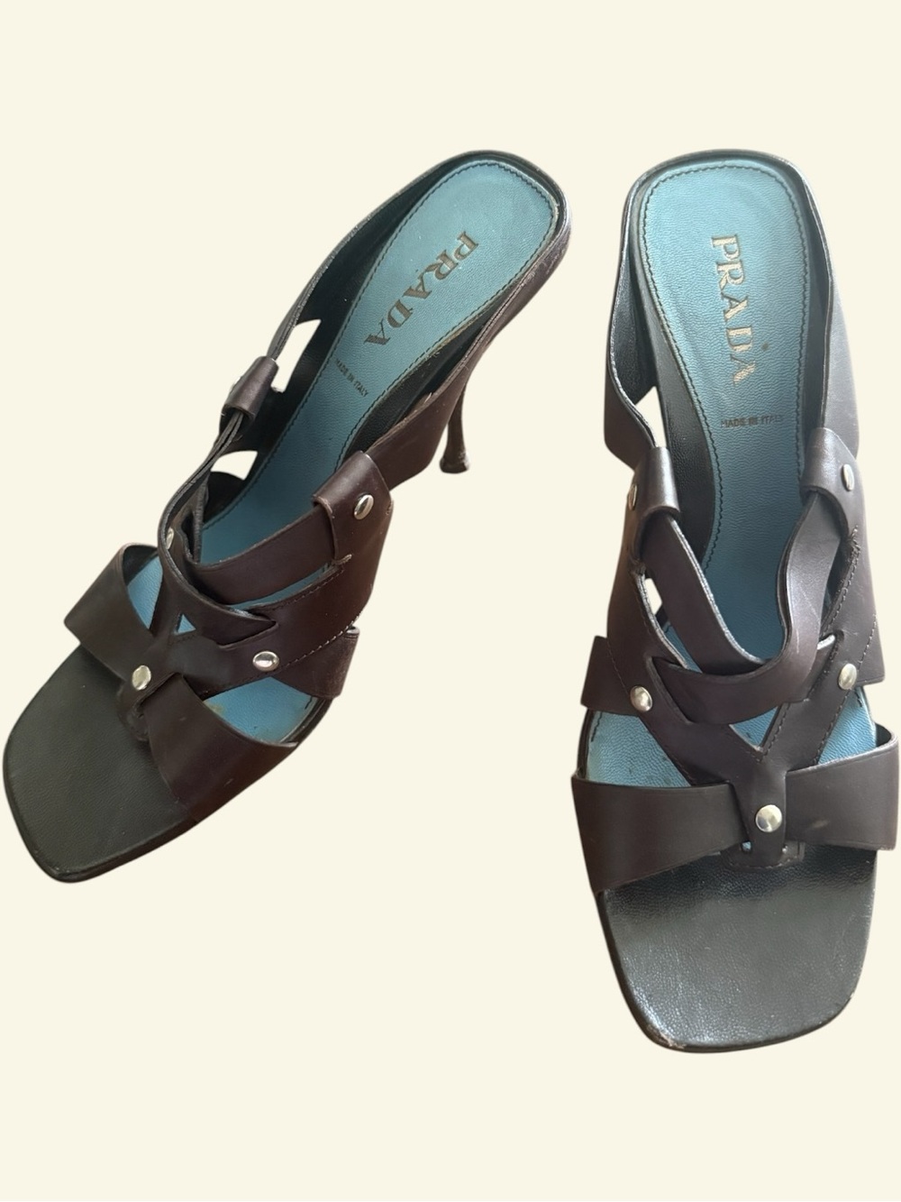 Prada Brown Leather Strappy Mule Heels with Blue Insole
